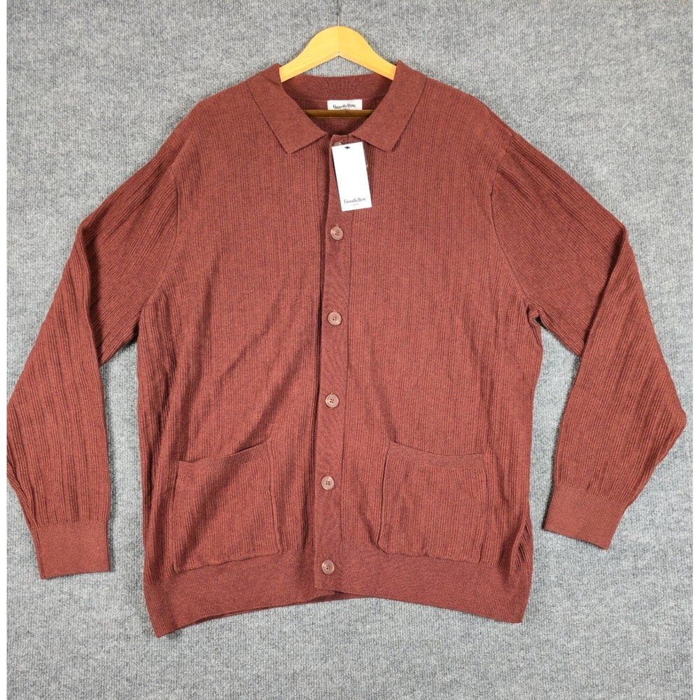 Goodfellow & Co Mens Collared Cardigan Sweater Brown XL Ribbed Knit Button Front